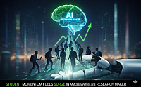 A stylized digital illustration showing a line of student silhouettes climbing a sharp, green, upward-trending graph line, symbolizing a surge in usage. At the peak, the students hold up a glowing brain (AI) surrounded by digital circuit patterns. The image features the logo MyEssayWriter.ai and the text AI RESEARCH MAKER USE, set against a dark, high-tech background.