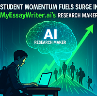 A futuristic digital poster showing a student using a glowing laptop, with a neon AI brain above symbolizing MyEssayWriter.ai’s Research Maker. Students walk toward the AI along a green upward path, representing growth and innovation. The title reads: “STUDENT MOMENTUM FUELS SURGE IN MyEssayWriter.ai’s RESEARCH MAKER.